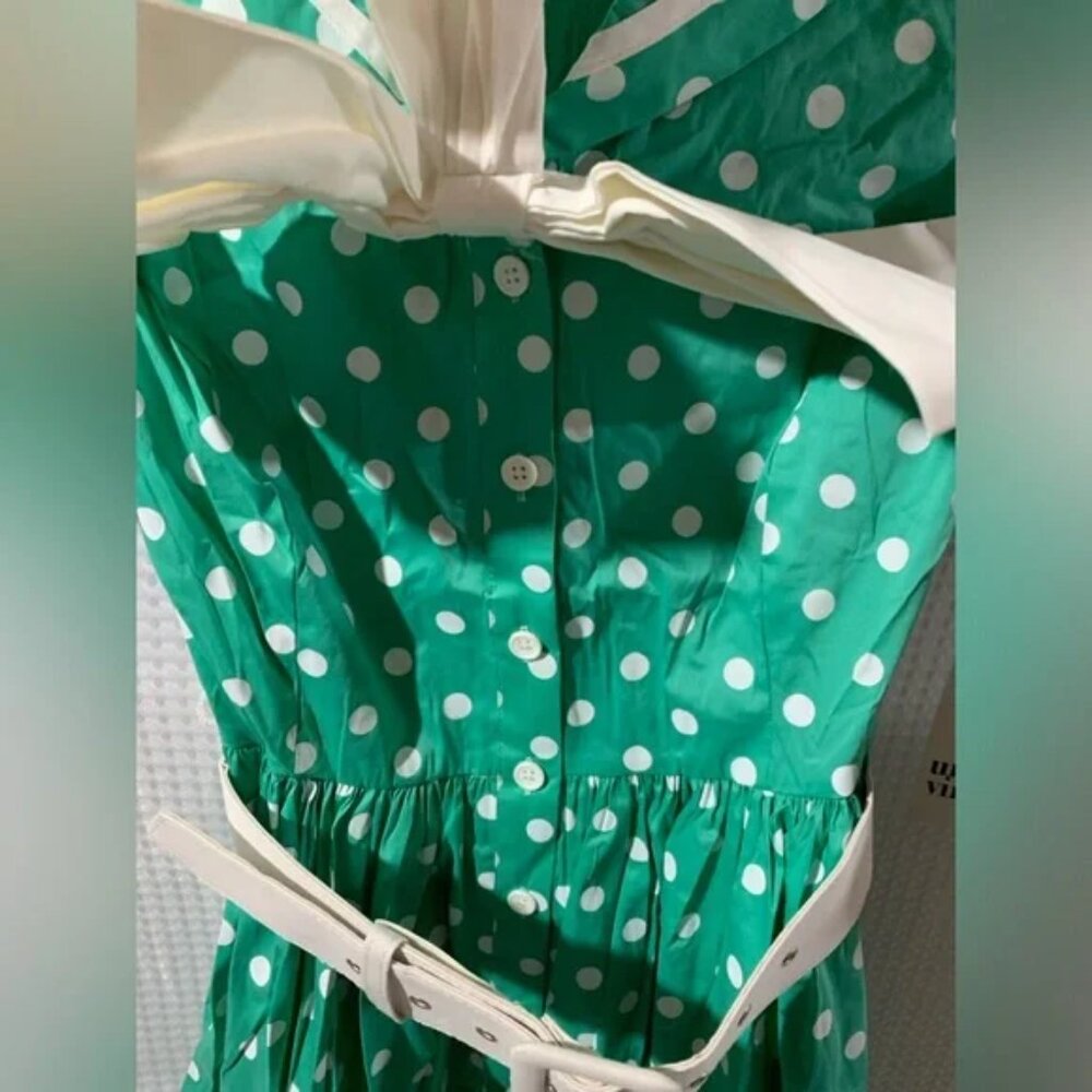NWT S 4 Unique Vintage Seafoam & White Polka Dot Bow & Belted Sailor Swing Dress - Picture 3 of 8